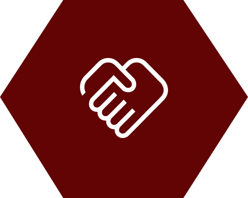 Icon of two hands shaking in a white outline on a dark red hexagonal background.