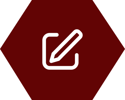 Icon of a pencil inside a square, on a maroon hexagonal background.